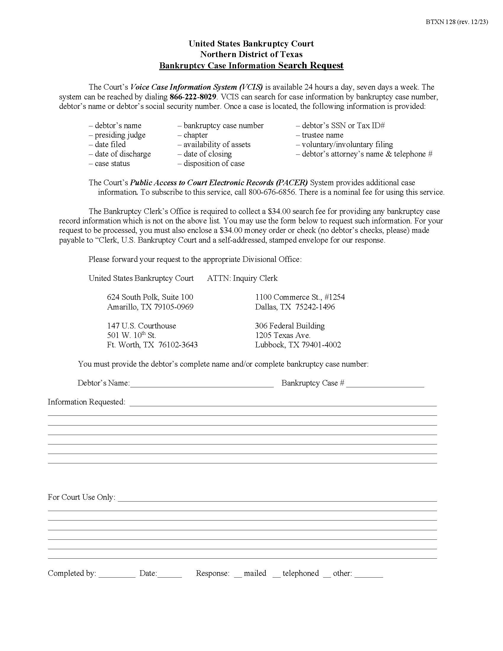 Bankruptcy Case Information Search Request {BTXN 128} | Pdf Fpdf Doc Docx | Texas