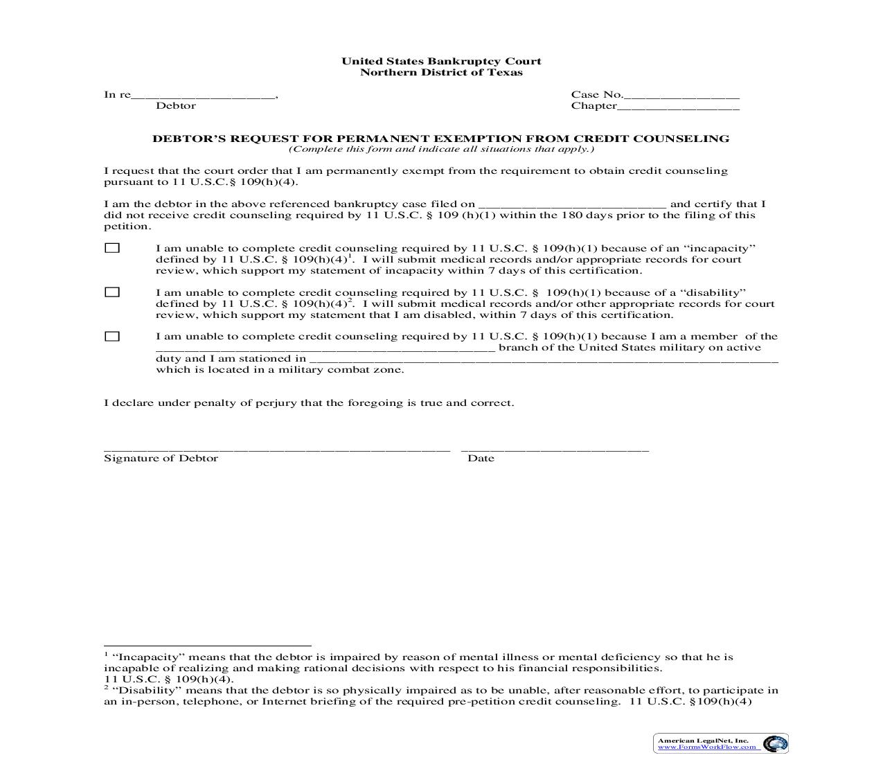 Debtors Request For Permanent Exemption From Credit Counseling {BTXN 195} | Pdf Fpdf Doc Docx | Texas