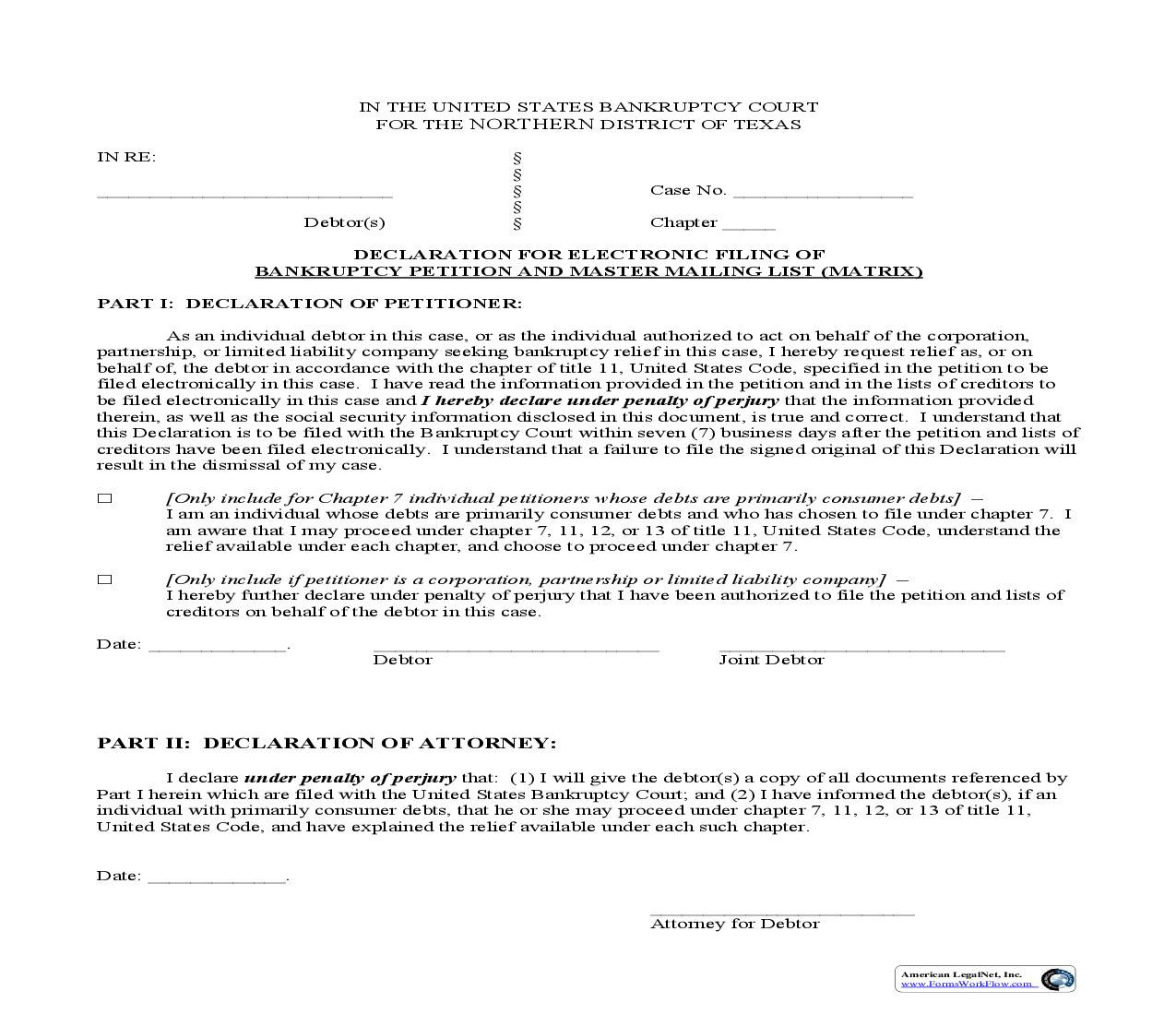 Declaration Electronic Filing Of Bankruptcy Petiton And Master Mailing List (Matrix) {BTXN170} | Pdf Fpdf Doc Docx | Texas
