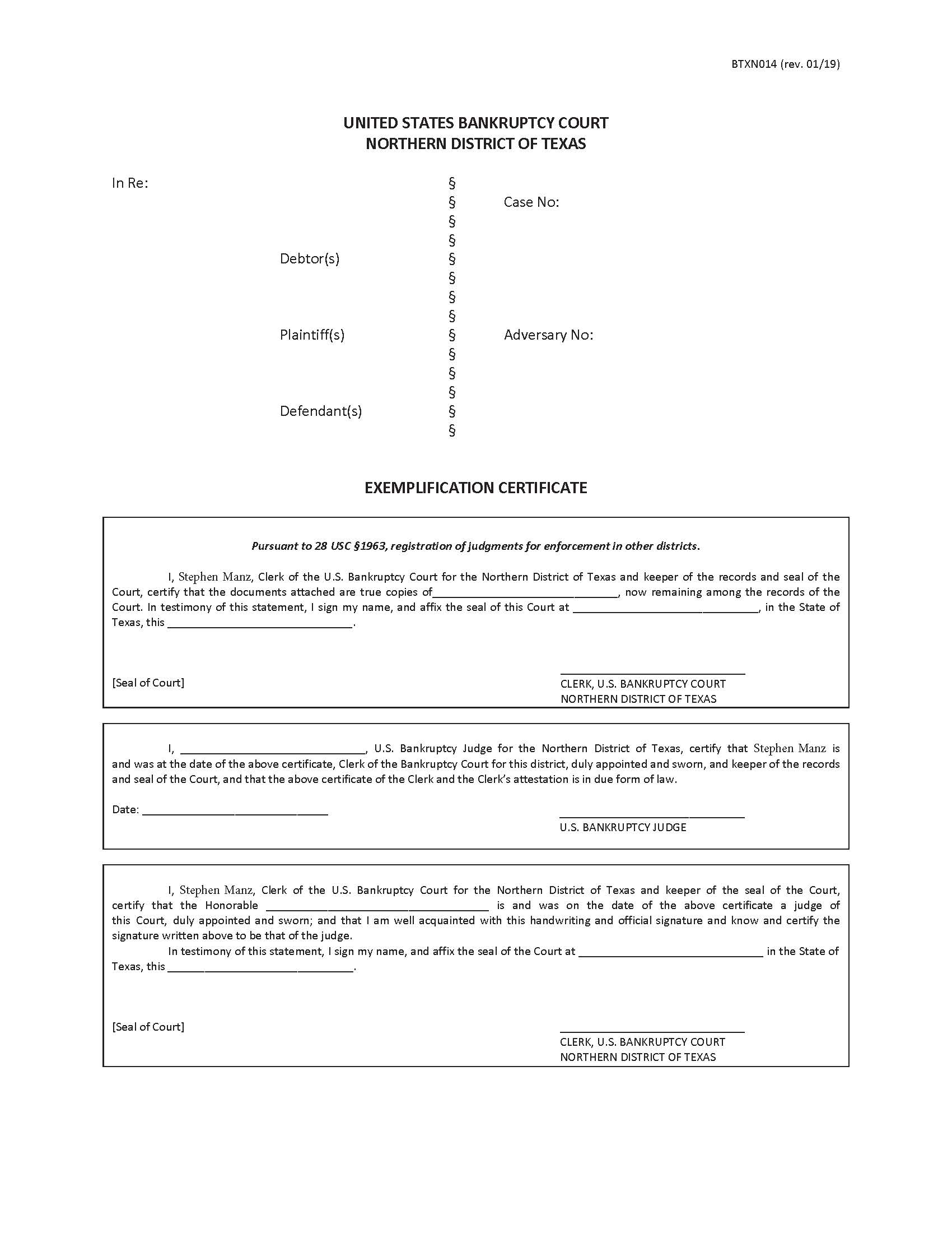 Exemplification Certificate {BTXN 014} | Pdf Fpdf Docx | Texas
