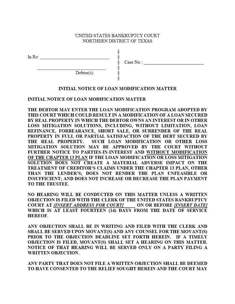 Initital Notice Of Loan Modification Matter {BTXN 300} | Pdf Fpdf Docx | Texas