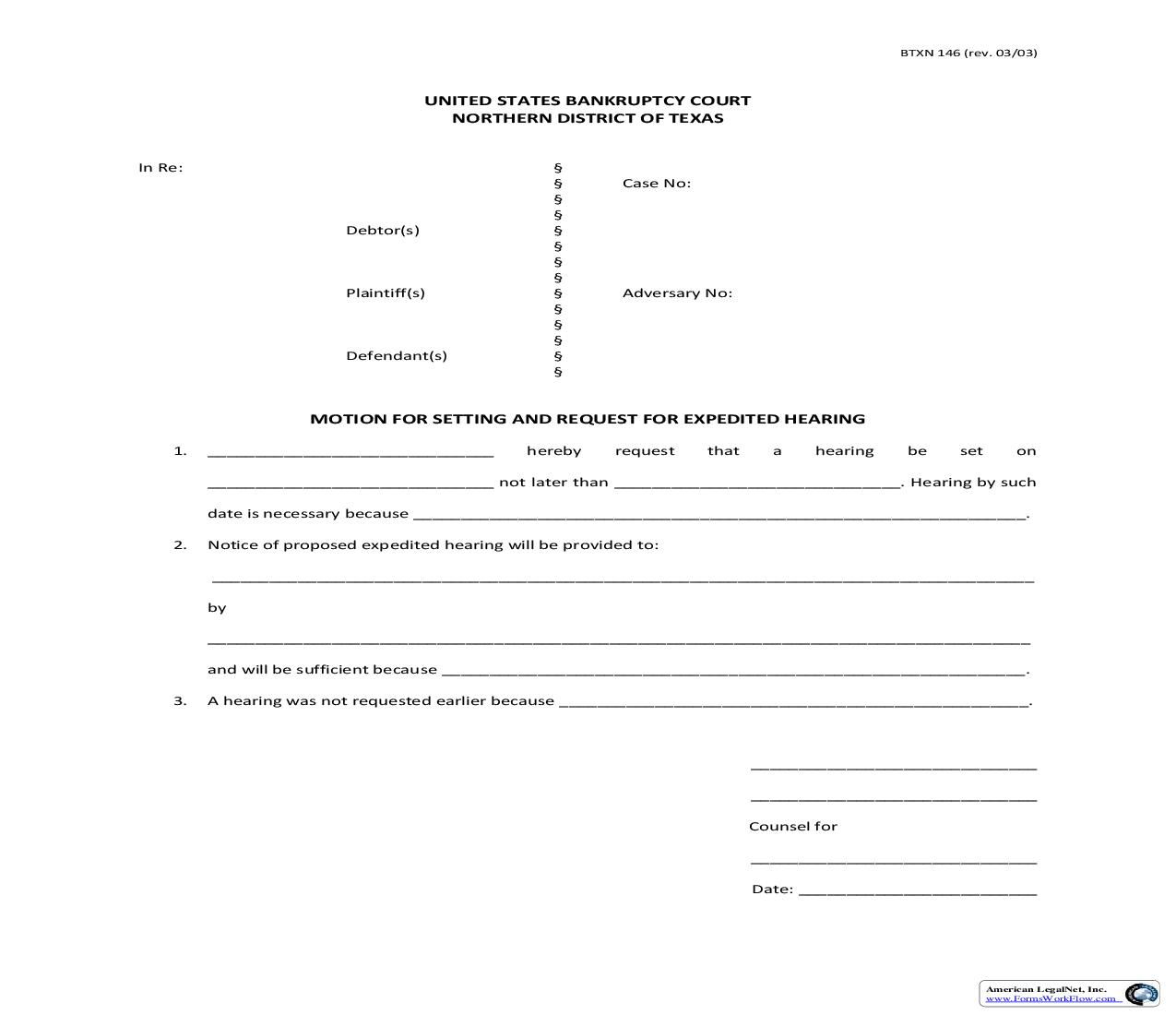 Motion For Setting And Request For Expedited Hearing (Adversary) {BTXN 146} | Pdf Fpdf Doc Docx | Texas