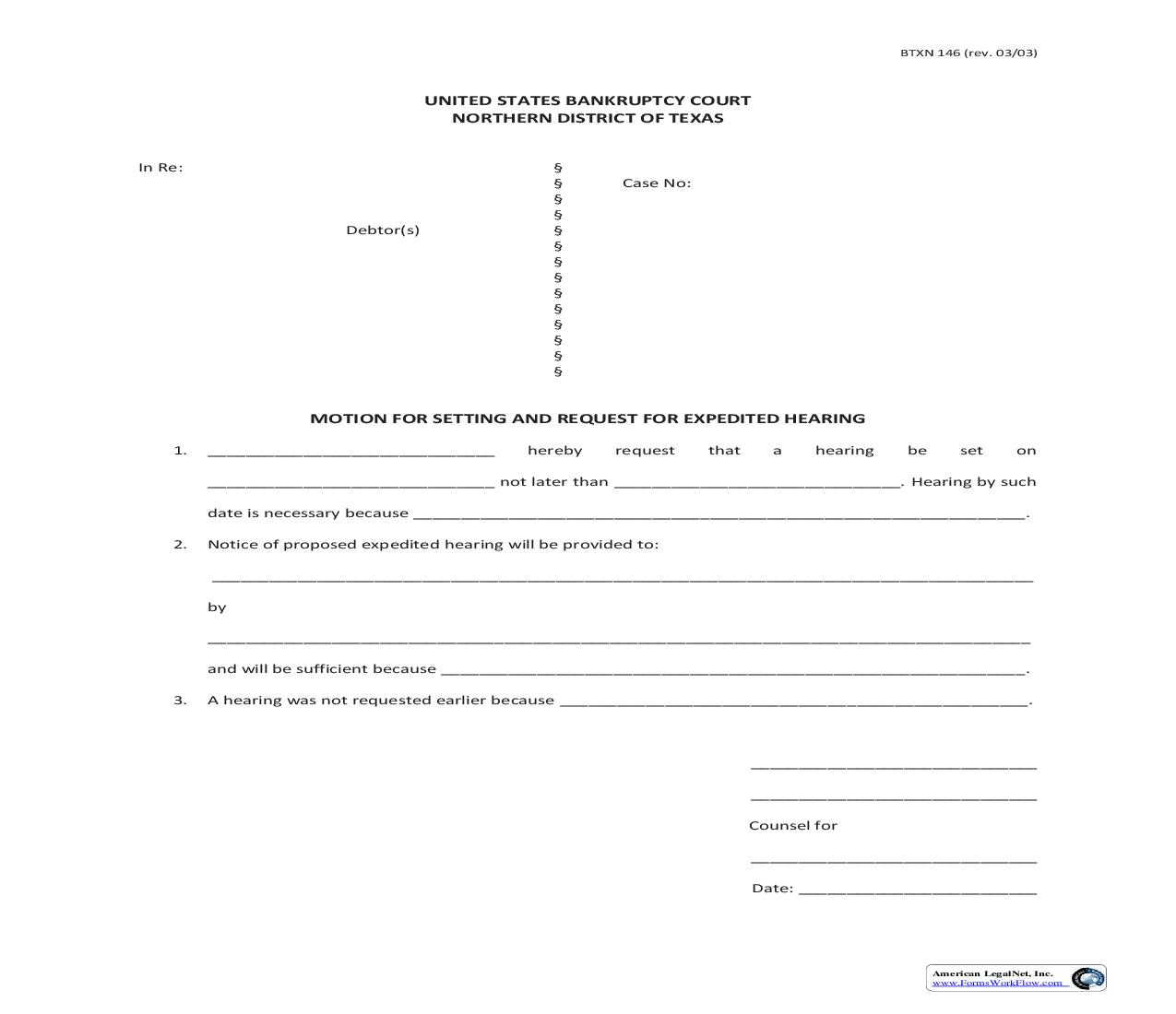 Motion For Setting And Request For Expedited Hearing (Bankruptcy) {BTXN 146} | Pdf Fpdf Doc Docx | Texas