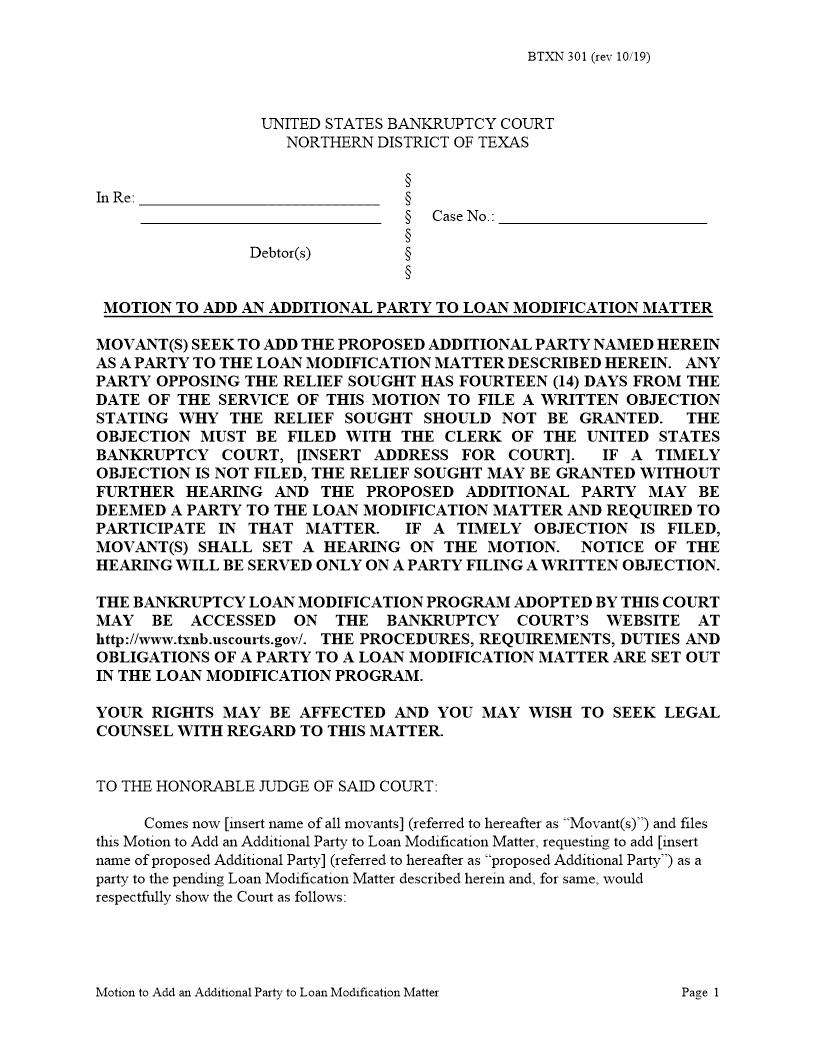 Motion To Add An Additional Party To Loan Modification Matter {BTXN 301} | Pdf Fpdf Docx | Texas