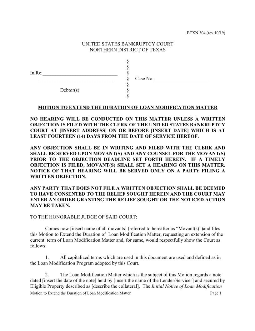 Motion To Extend The Duration Of Loan Modification Matter {BTXN 304} | Pdf Fpdf Docx | Texas