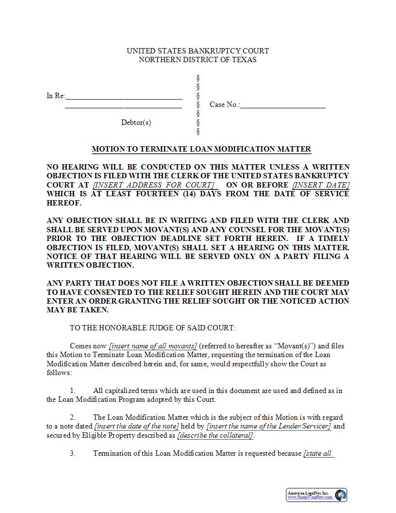 Motion To Terminate Loan Modification Matter {BTXN 305} | Pdf Fpdf Docx | Texas