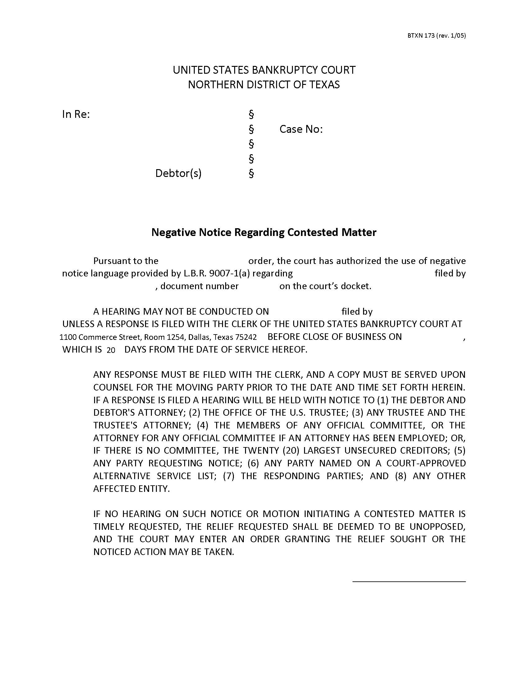 Negative Notice Regarding Contested Matter {BTXN 173} | Pdf Fpdf Doc Docx | Texas