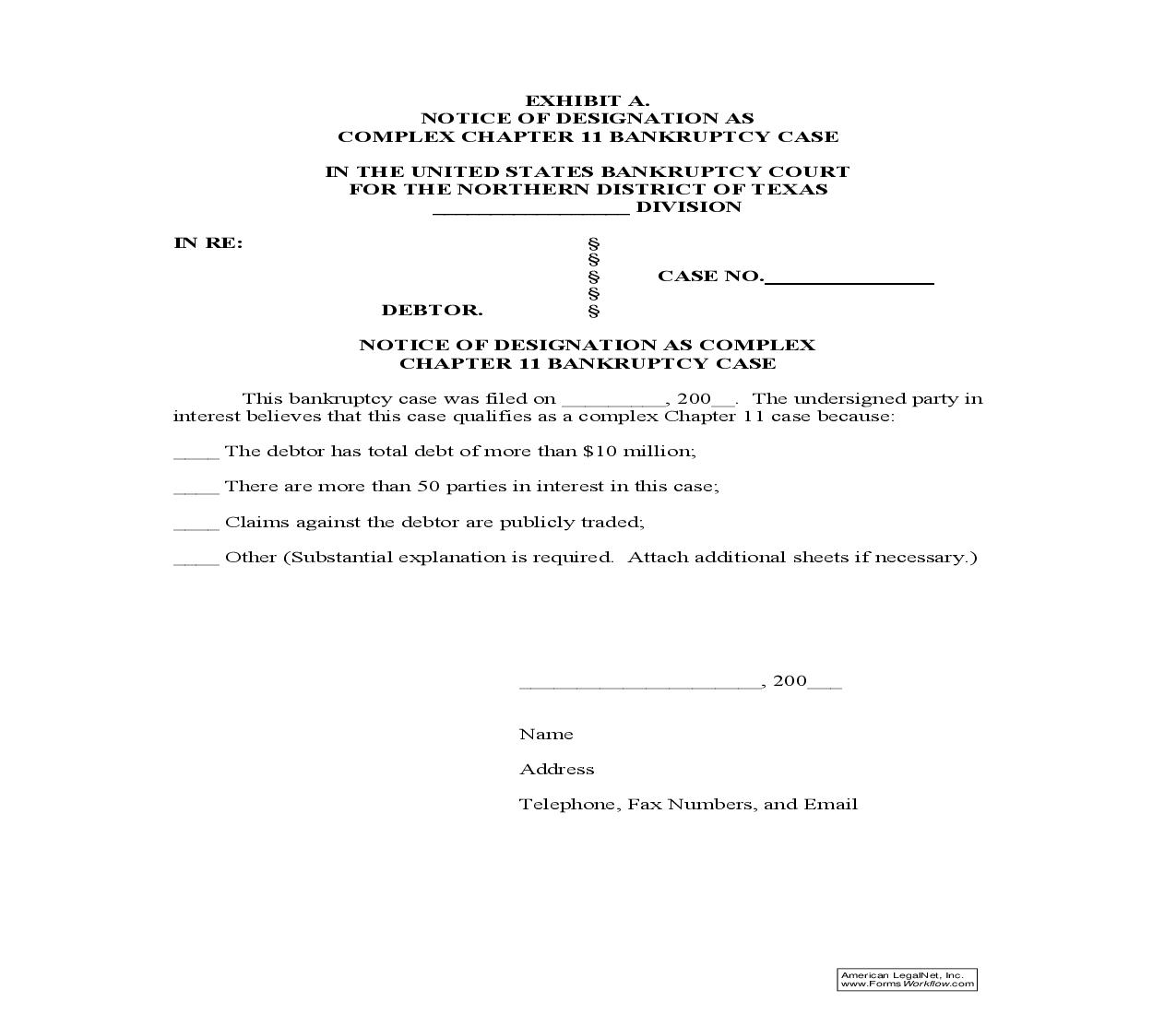 Notice Of Designation As Complex Chapter 11 Bankruptcy Case (Exhibit A) | Pdf Fpdf Doc Docx | Texas
