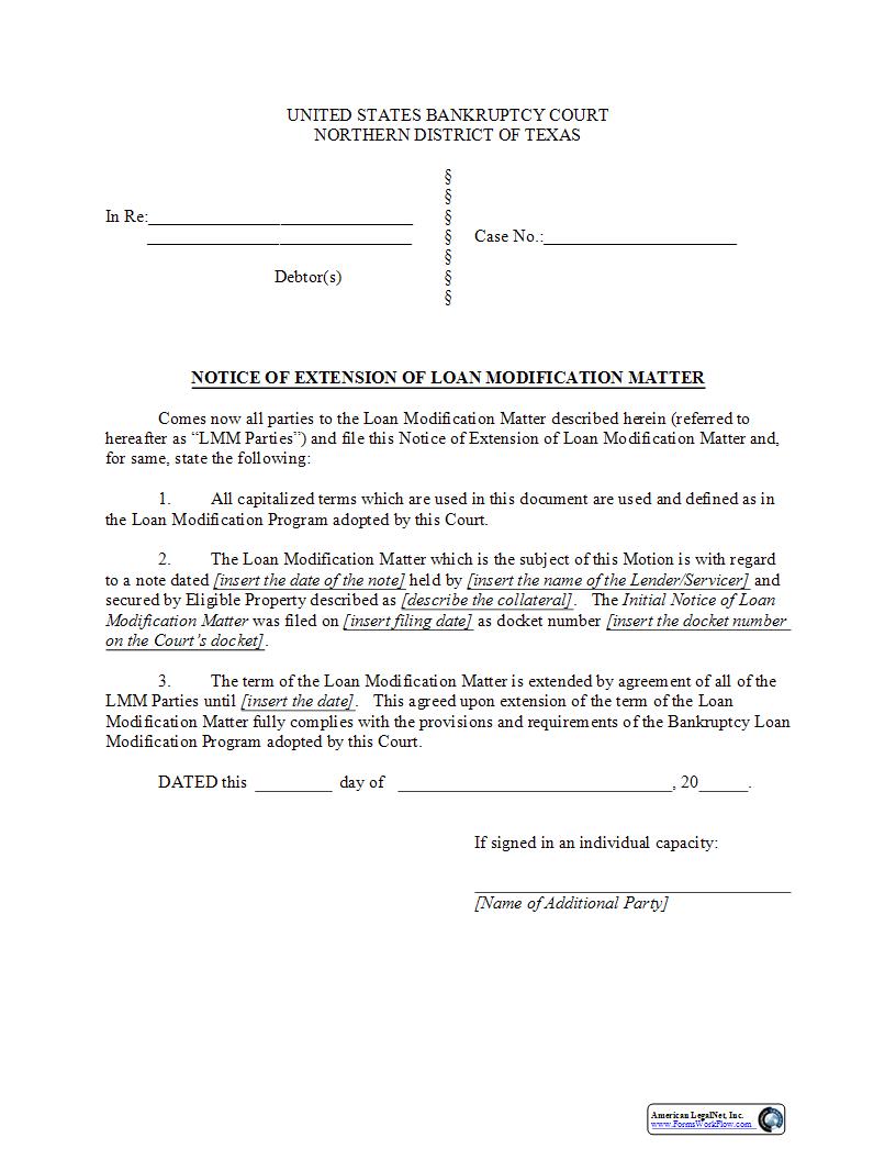 Notice Of Extension Of A Loan Modification Matter {BTXN 303} | Pdf Fpdf Docx | Texas