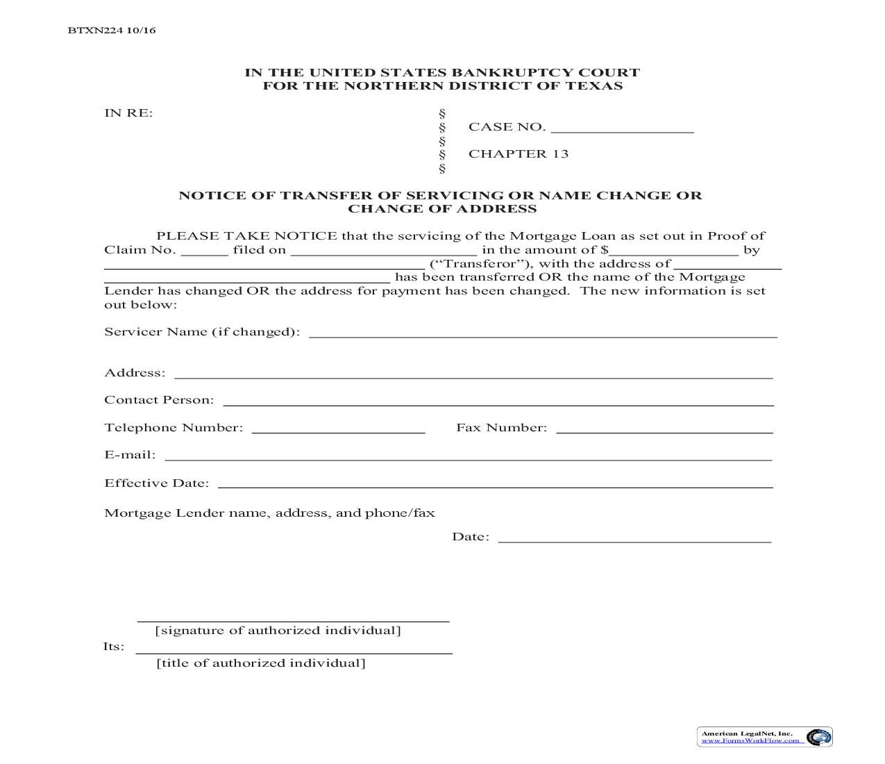 Notice Of Transfer Of Servicing Or Name Or Address Change {BTXN 224} | Pdf Fpdf Doc Docx | Texas