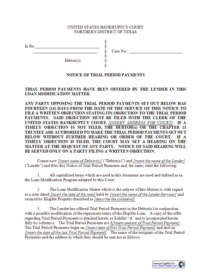 Notice Of Trial Period Payments {BTXN 308} | Pdf Fpdf Docx | Texas