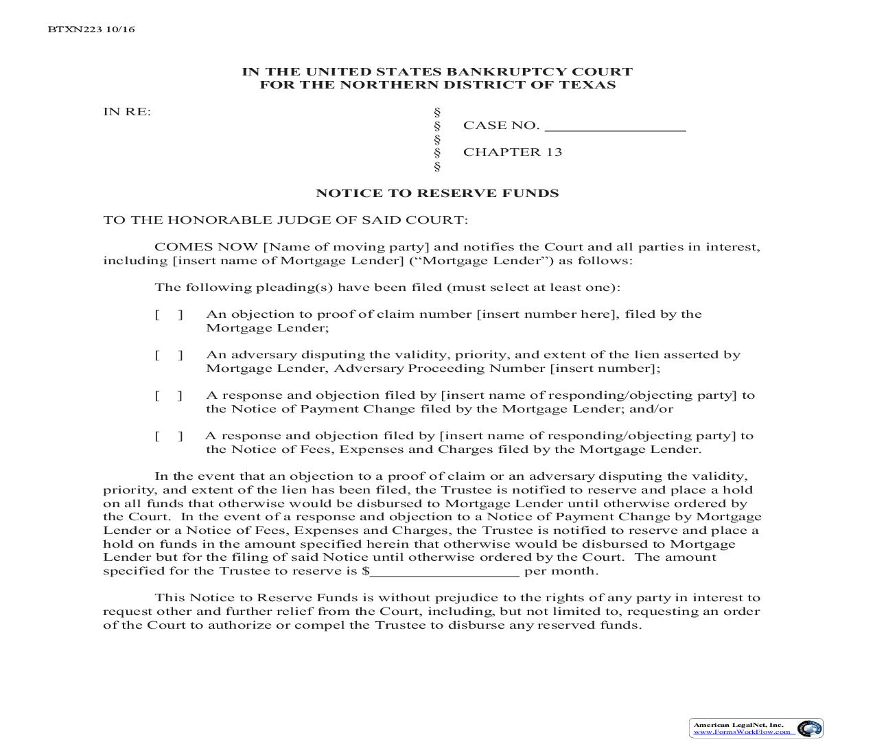 Notice To Reserve Funds {BTXN 223} | Pdf Fpdf Doc Docx | Texas