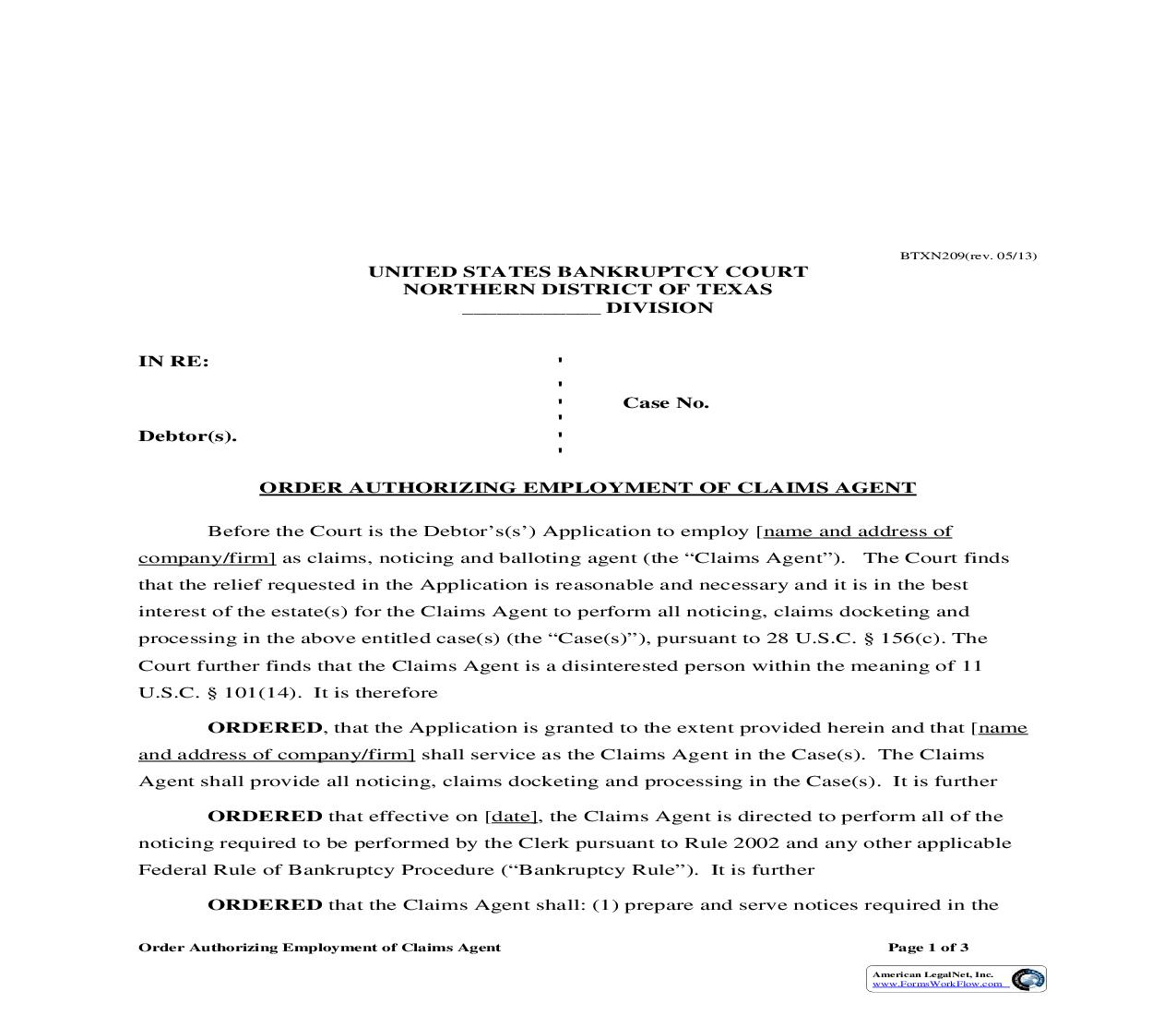 Order Authorizing Employment Of Claims Agent {BTXN 209} | Pdf Fpdf Doc Docx | Texas