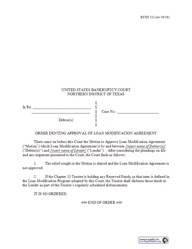 Order Denying Approval Of Loan Modification Agreement {BTXN 312} | Pdf Fpdf Docx | Texas