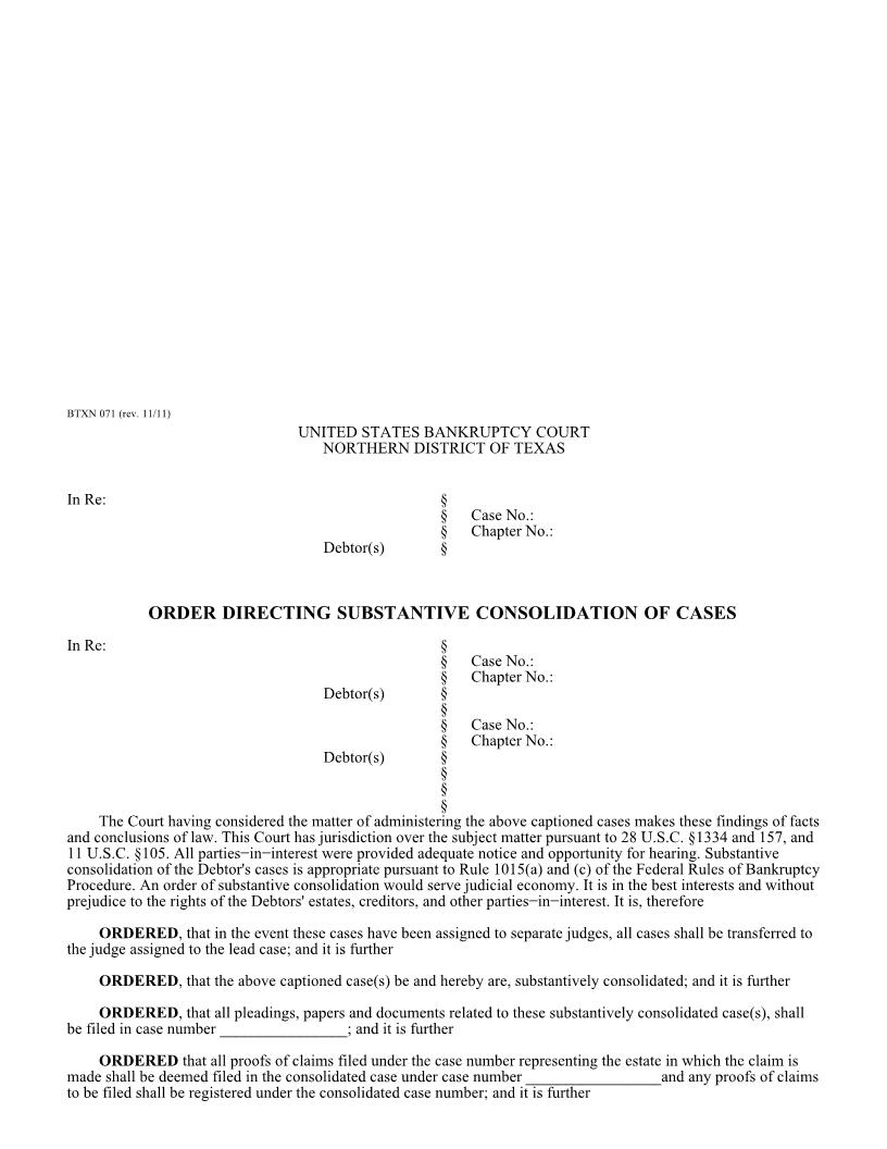 Order Directing Substantive Consolidation Of Cases {BTXN 071} | Pdf Fpdf Docx | Texas
