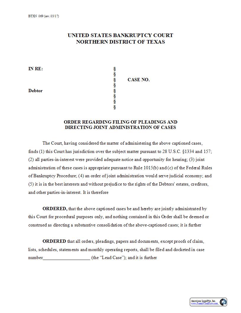 Order Regarding Filing Of Pleadings And Directing Joint Administration Of Cases {BTXN 069} | Pdf Fpdf Docx | Texas