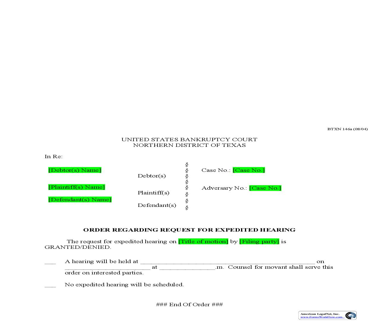 Order Regarding Request For Expedited Hearing (Adversary) {BTXN 146a} | Pdf Fpdf Doc Docx | Texas
