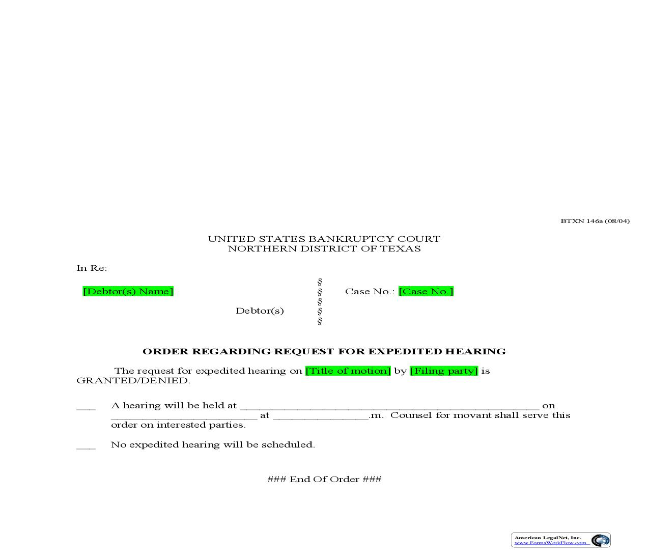 Order Regarding Request For Expedited Hearing (Bankruptcy) {BTXN 146a} | Pdf Fpdf Doc Docx | Texas