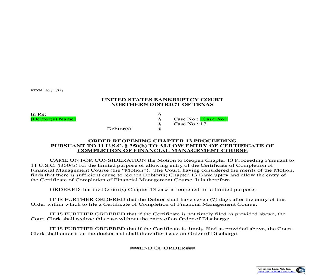 Order Reopening Chapter 13 Proceeding {BTXN 196} | Pdf Fpdf Doc Docx | Texas