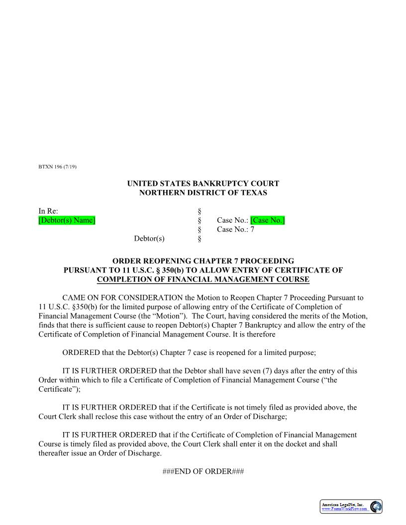 Order Reopening Chapter 7 Proceeding {BTXN 196} | Pdf Fpdf Docx | Texas