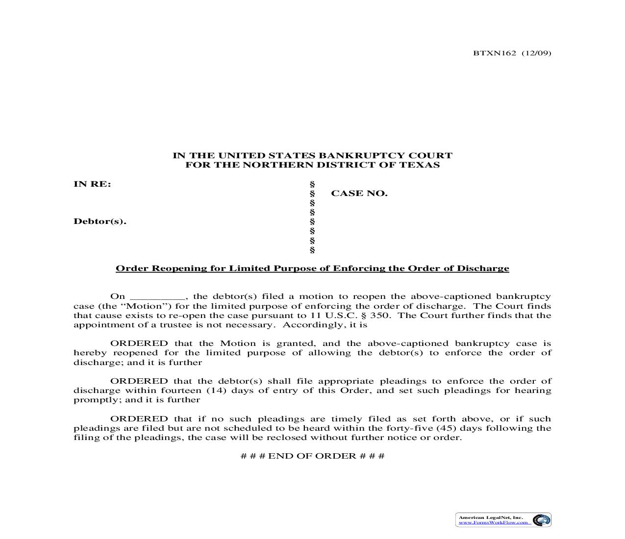 Order Reopening For Limited Purpose Of Enforcing The Order Of Discharge {BTXN 162} | Pdf Fpdf Doc Docx | Texas