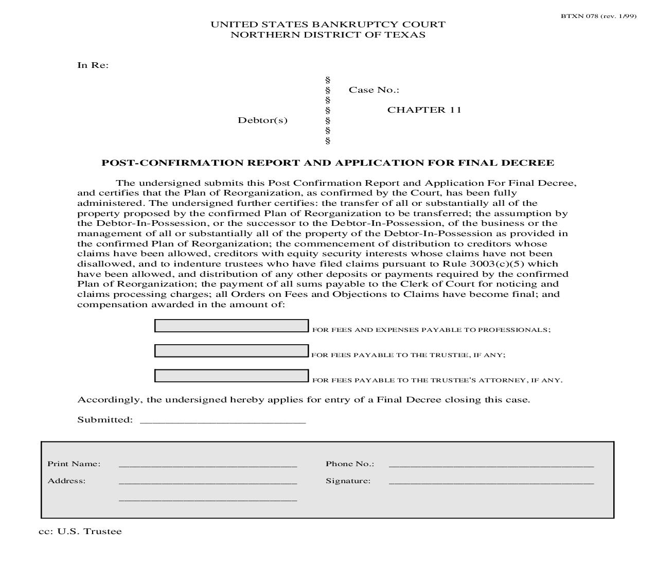 Post Confirmation Report And Application For Final Decree {BTXN 078} | Pdf Fpdf Doc Docx | Texas