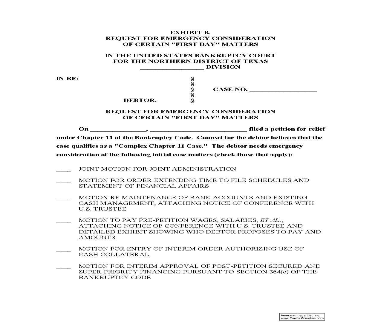 Request For Emergency Consideration Of Certain First Day Matters (Exhibit B) | Pdf Fpdf Doc Docx | Texas