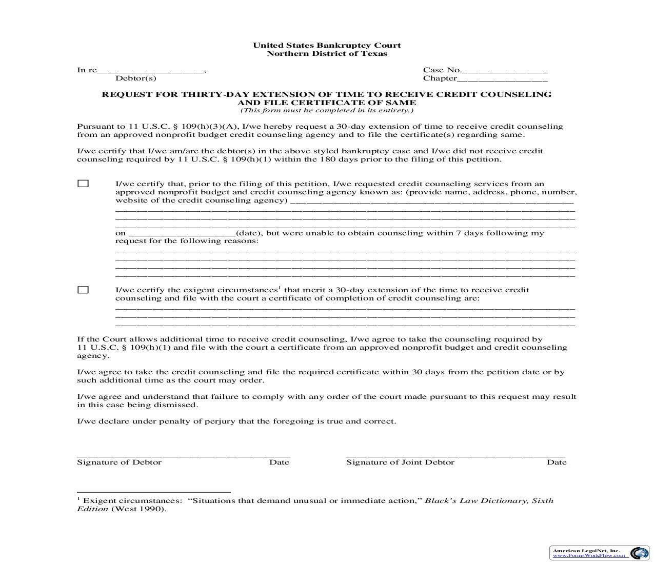 Request For Thirty-Day Extension To Receive Credit Counseling | Pdf Fpdf Doc Docx | Texas
