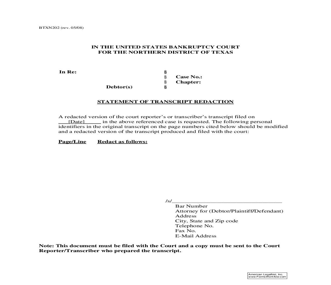 Statement Of Trascript Redaction {BTXN 202} | Pdf Fpdf Doc Docx | Texas