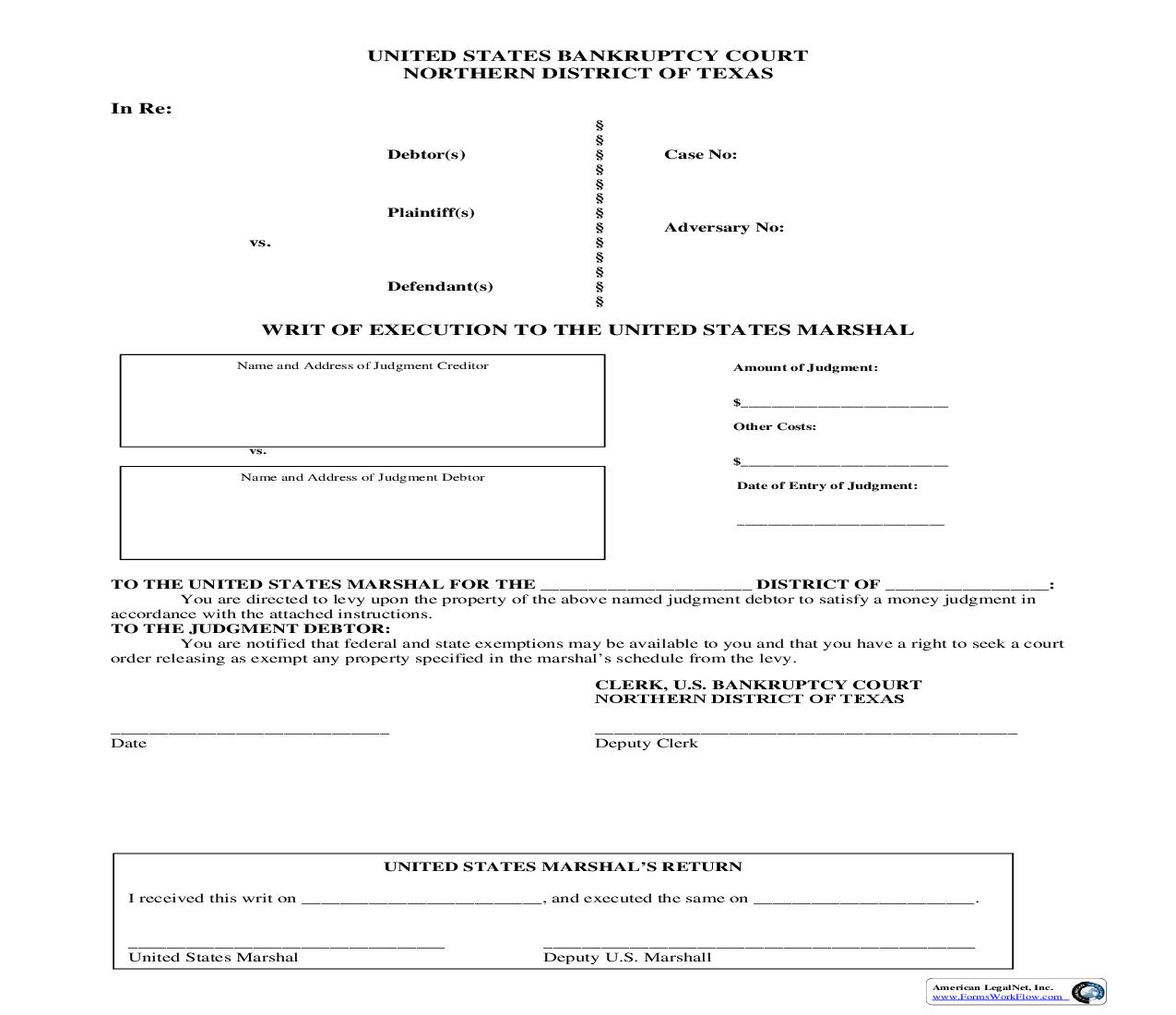 Writ Of Execution To The US Marshal {BTXN 097} | Pdf Fpdf Doc Docx | Texas