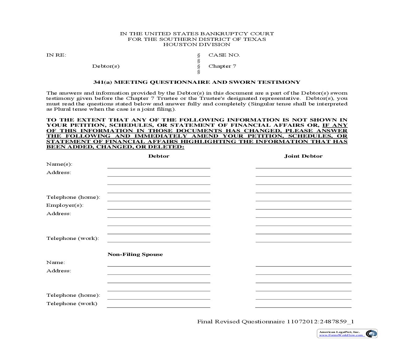 341(a) Meeting Questionnaire And Sworn Testimony (Houston)  | Pdf Fpdf Doc Docx | Texas