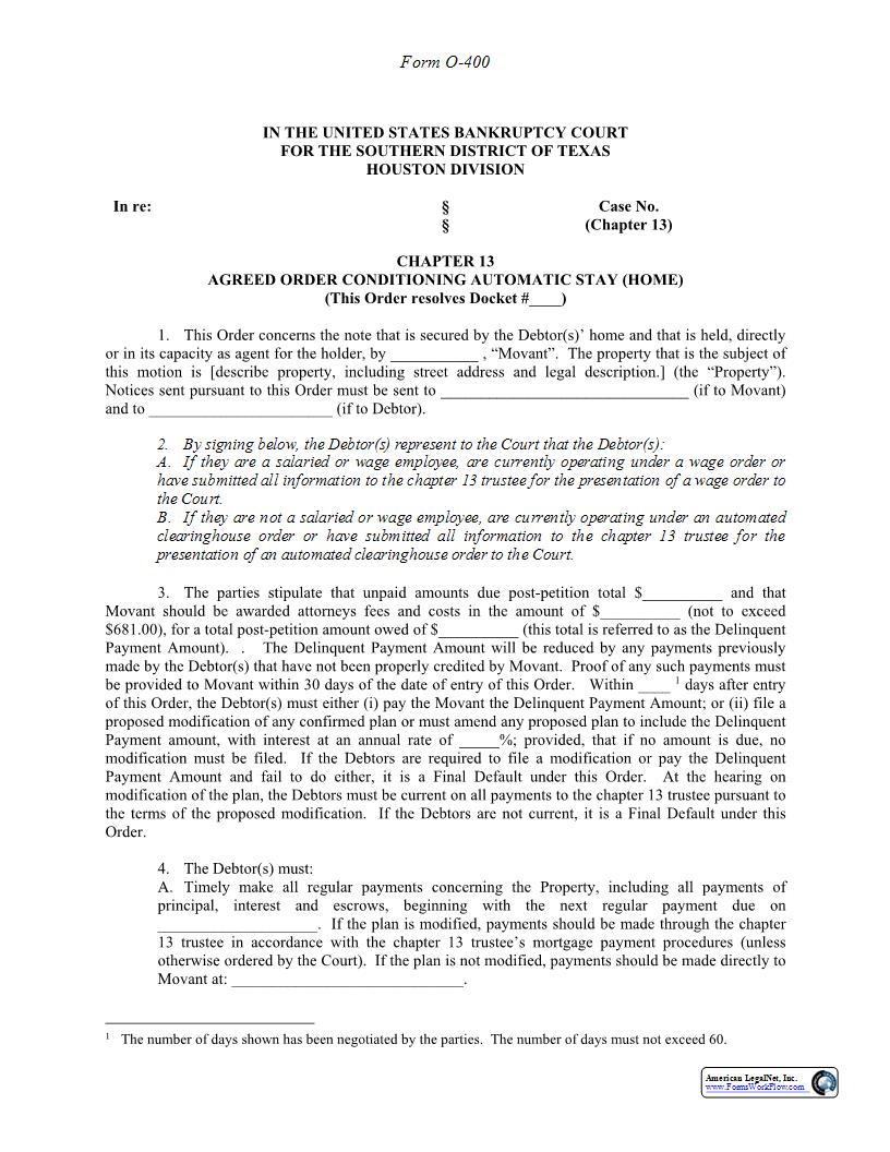 Agreed Order Conditioning Automatic Stay (Home) {O-400} | Pdf Fpdf Docx | Texas