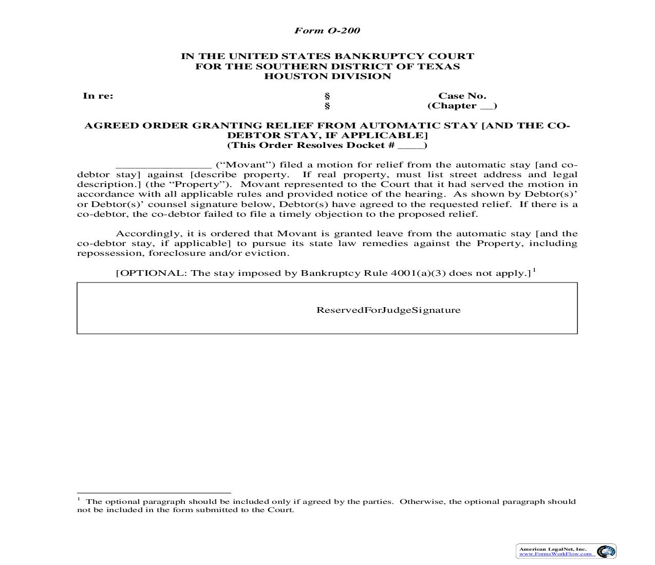 Agreed Order Granting Relief From Automatic Stay (Houston) {O-200} | Pdf Fpdf Doc Docx | Texas