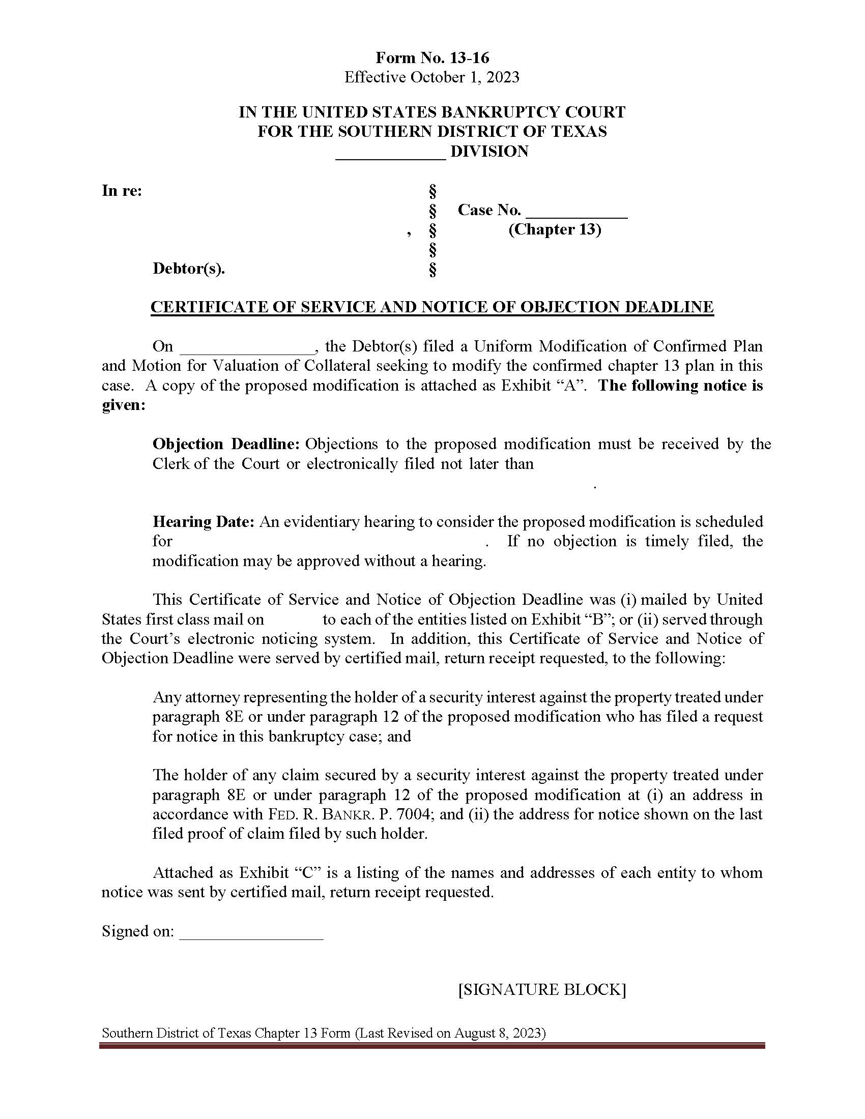 Certificate Of Service And Notice Of Objection Deadline {13-16} | Pdf Fpdf Docx | Texas