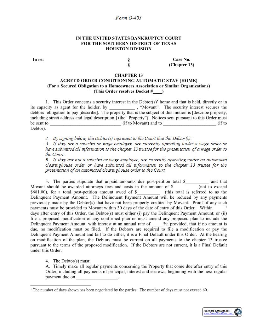 Chapter 13 Agreed Order Conditioning Automatic Stay (Home) (Houston) {O-403} | Pdf Fpdf Docx | Texas