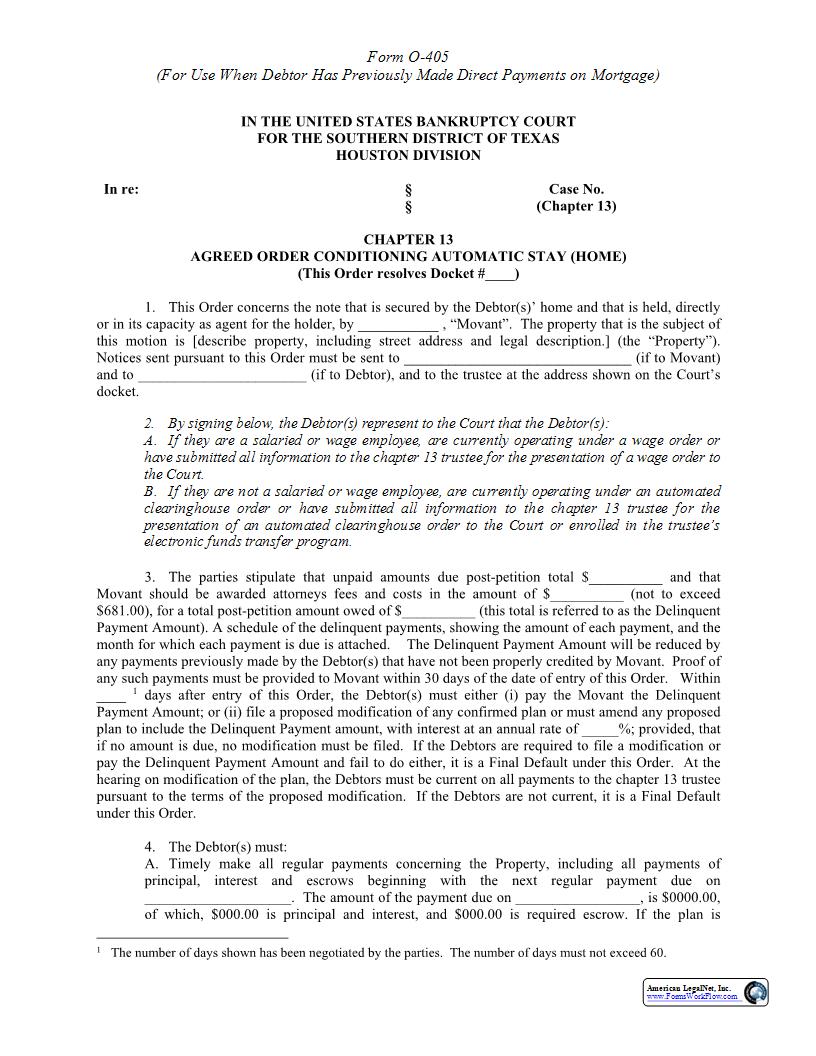 Chapter 13 Agreed Order Conditioning Automatic Stay (Home) (Houston) {O-405} | Pdf Fpdf Docx | Texas