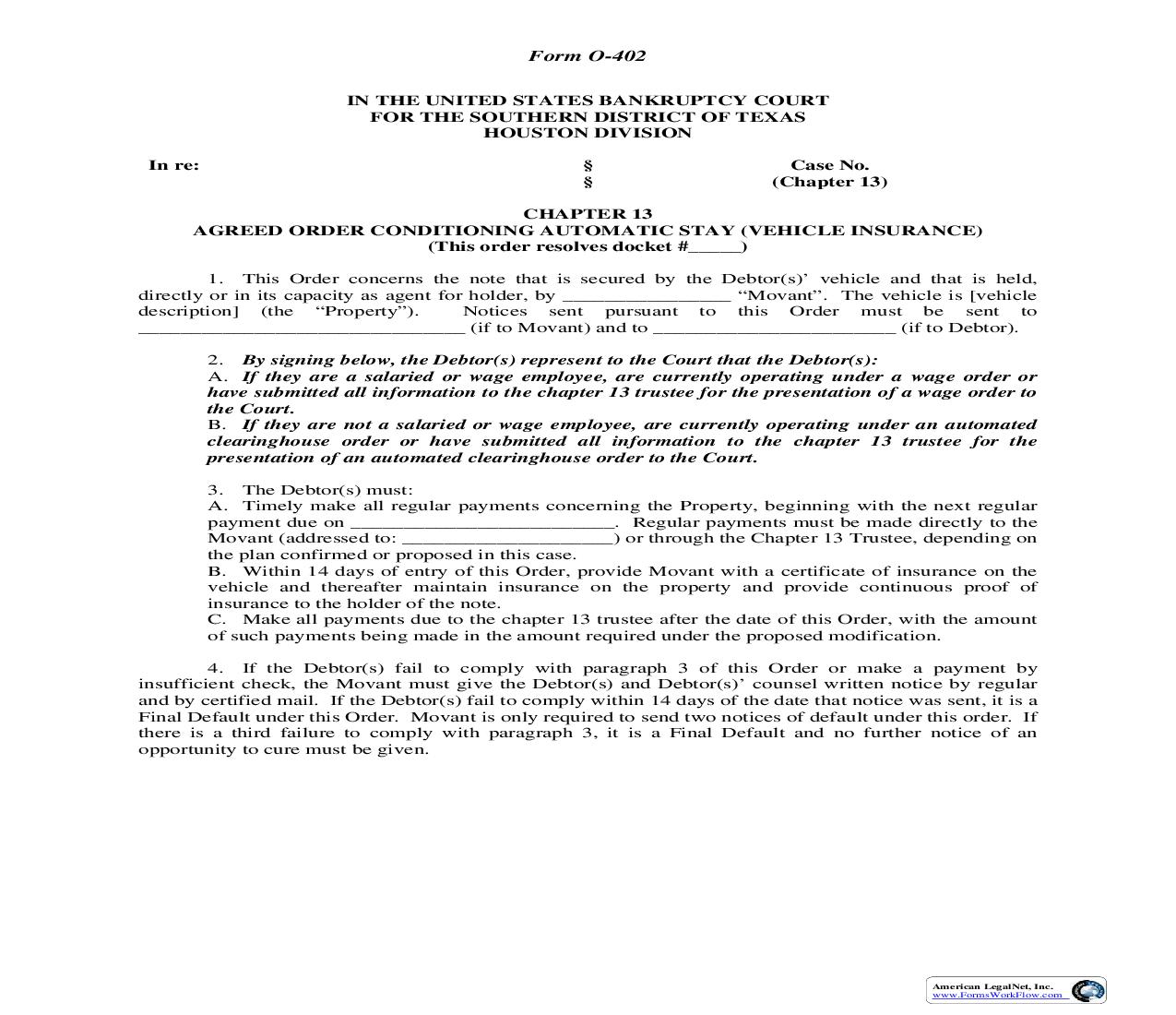 Chapter 13 Agreed Order Conditioning Automatic Stay (Vehicle Insurance) (Houston) {O-402} | Pdf Fpdf Doc Docx | Texas