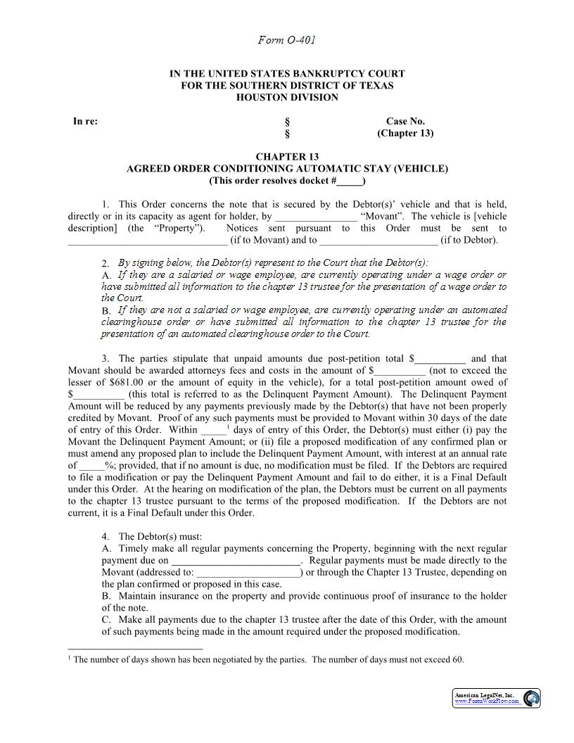 Chapter 13 Agreed Order Conditioning Automatic Stay (Vehicle) (Houston) {O-401} | Pdf Fpdf Docx | Texas