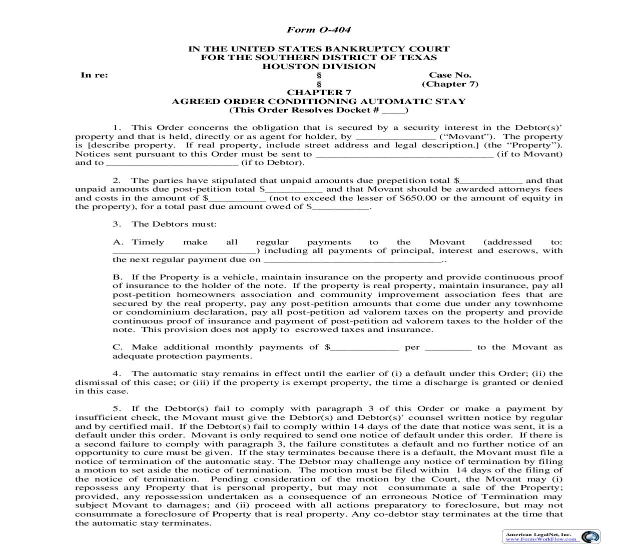 Chapter 7 Agreed Order Conditioning Automatic Stay (Houston) {O-404} | Pdf Fpdf Doc Docx | Texas