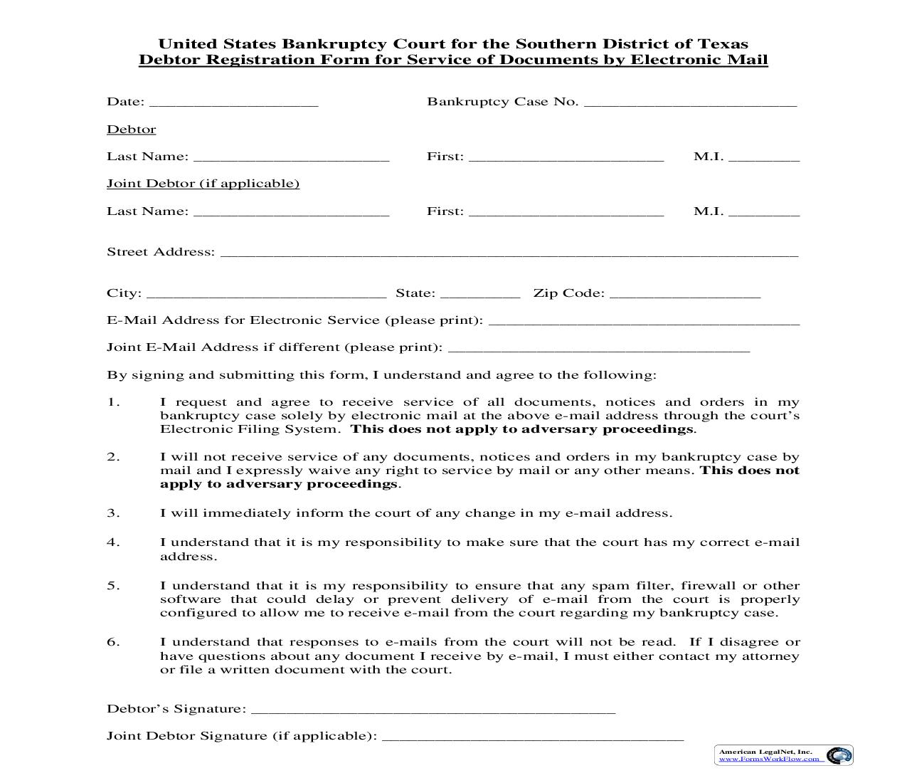 Debtor Registration Form For Service Of Documents By Electronic Mail | Pdf Fpdf Doc Docx | Texas