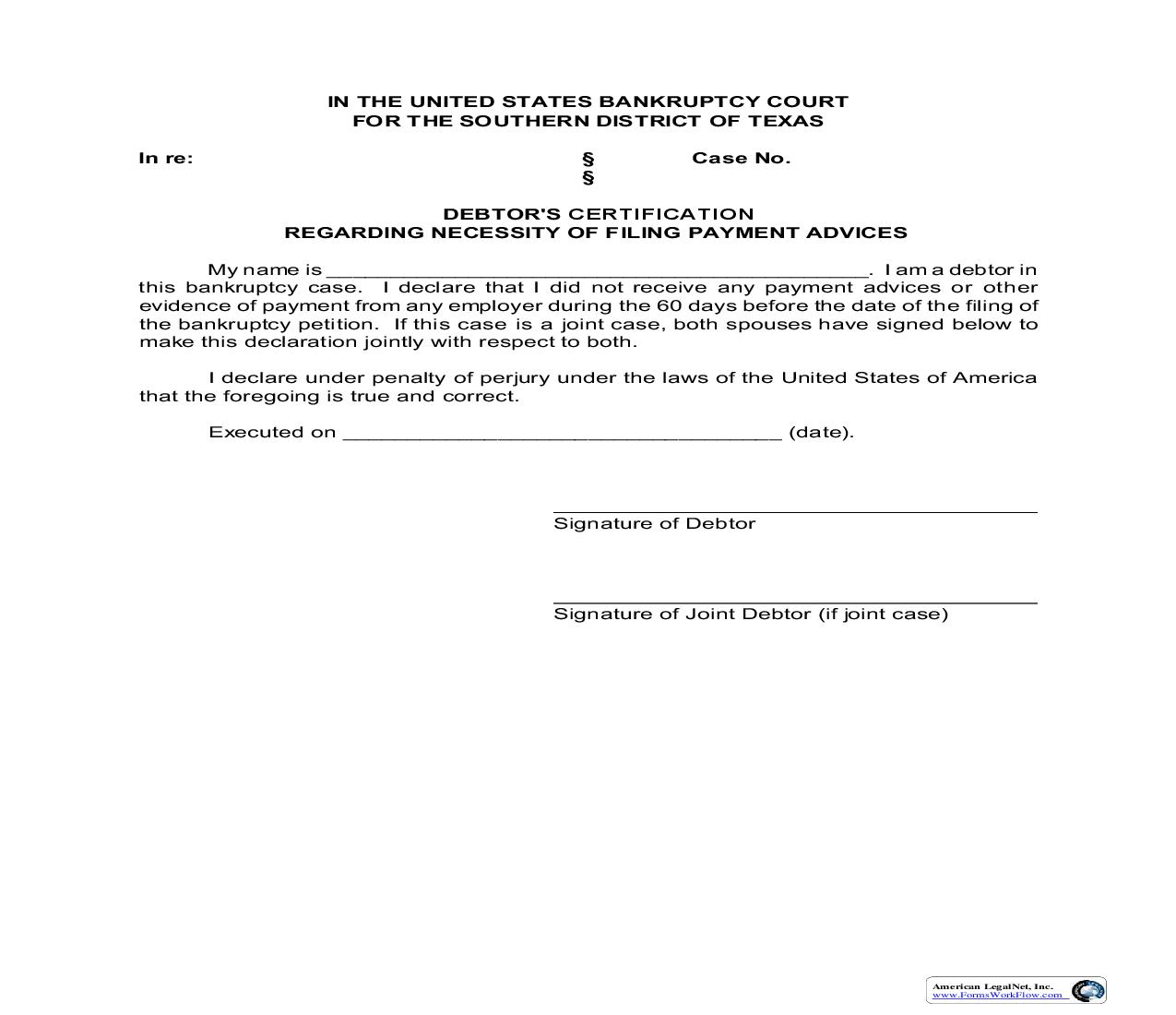 Debtors Certification Regarding Necessity Of Filing Payment Advices | Pdf Fpdf Doc Docx | Texas