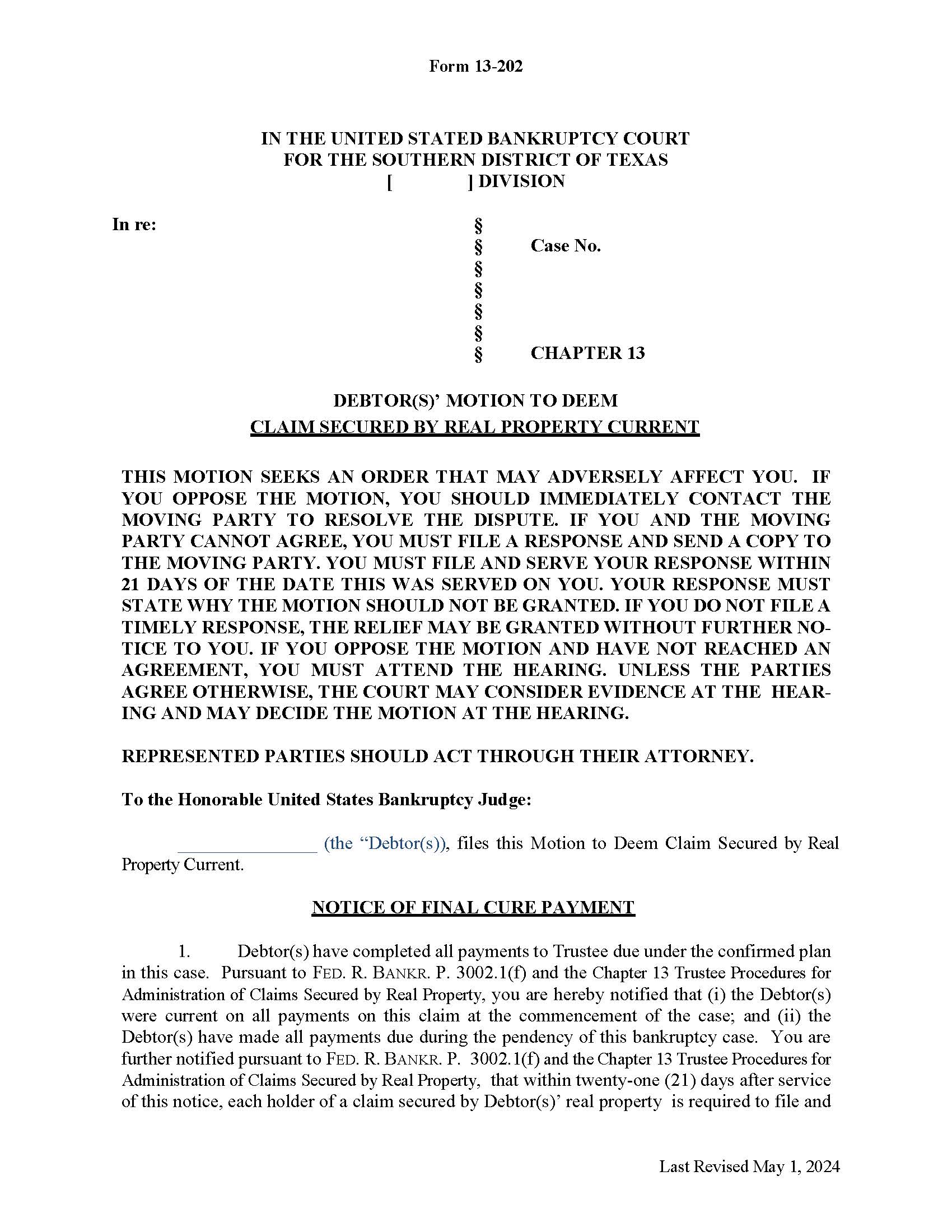 Debtors Motion To Deem {13-202} | Pdf Fpdf Docx | Texas