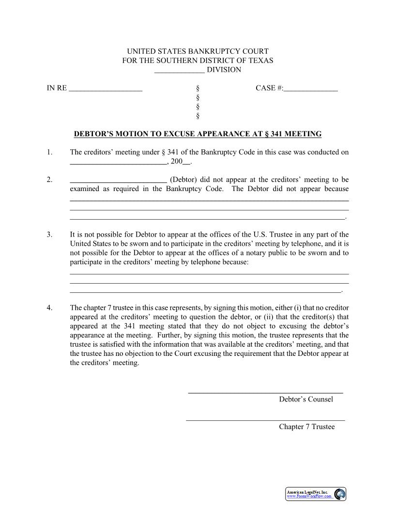 Debtors Motion To Excuse Appearance At 1341 Meeting | Pdf Fpdf Docx | Texas