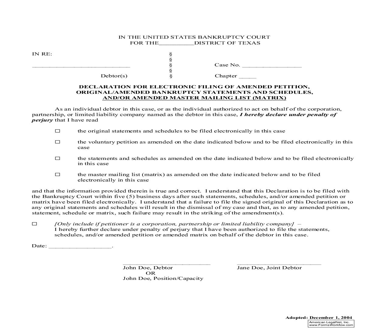 Declaration For Electronic Filing Of Amended Petition, Statements, Schedules And Or Master Mailing List (Matrix) | Pdf Fpdf Doc Docx | Texas