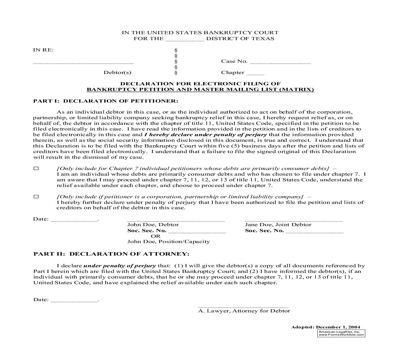 Declaration For Electronic Filing Of Petition And Master Mailing List (Matrix) | Pdf Fpdf Doc Docx | Texas