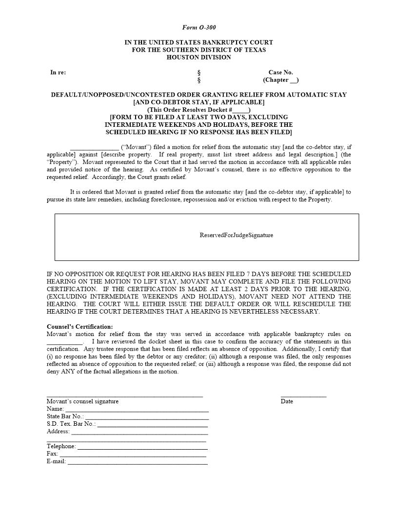 Default Unopposed Uncontested Order Granting Relief From Automatic Stay (Houston) {O-300} | Pdf Fpdf Doc Docx | Texas