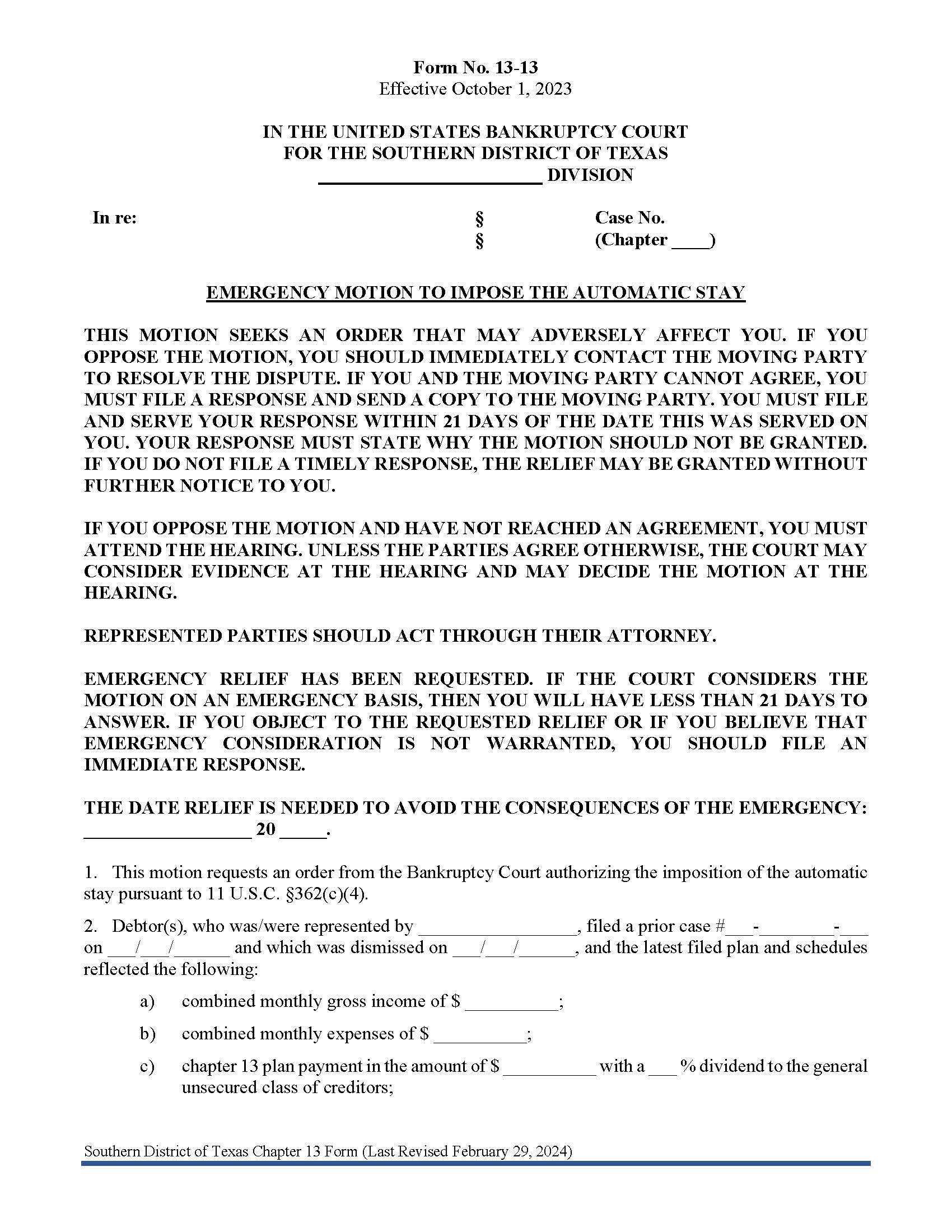 Emergency Motion To Impose The Automatic Stay {13-13} | Pdf Fpdf Doc Docx | Texas