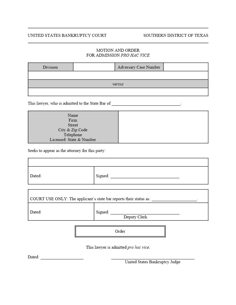 Motion And Order For Admission Pro Hac Vice (Adversary) | Pdf Fpdf Doc Docx | Texas