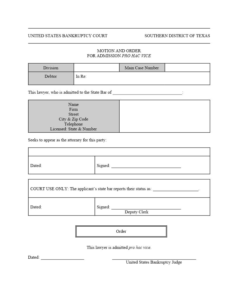 Motion And Order For Admission Pro Hac Vice (Main Case) | Pdf Fpdf Doc Docx | Texas