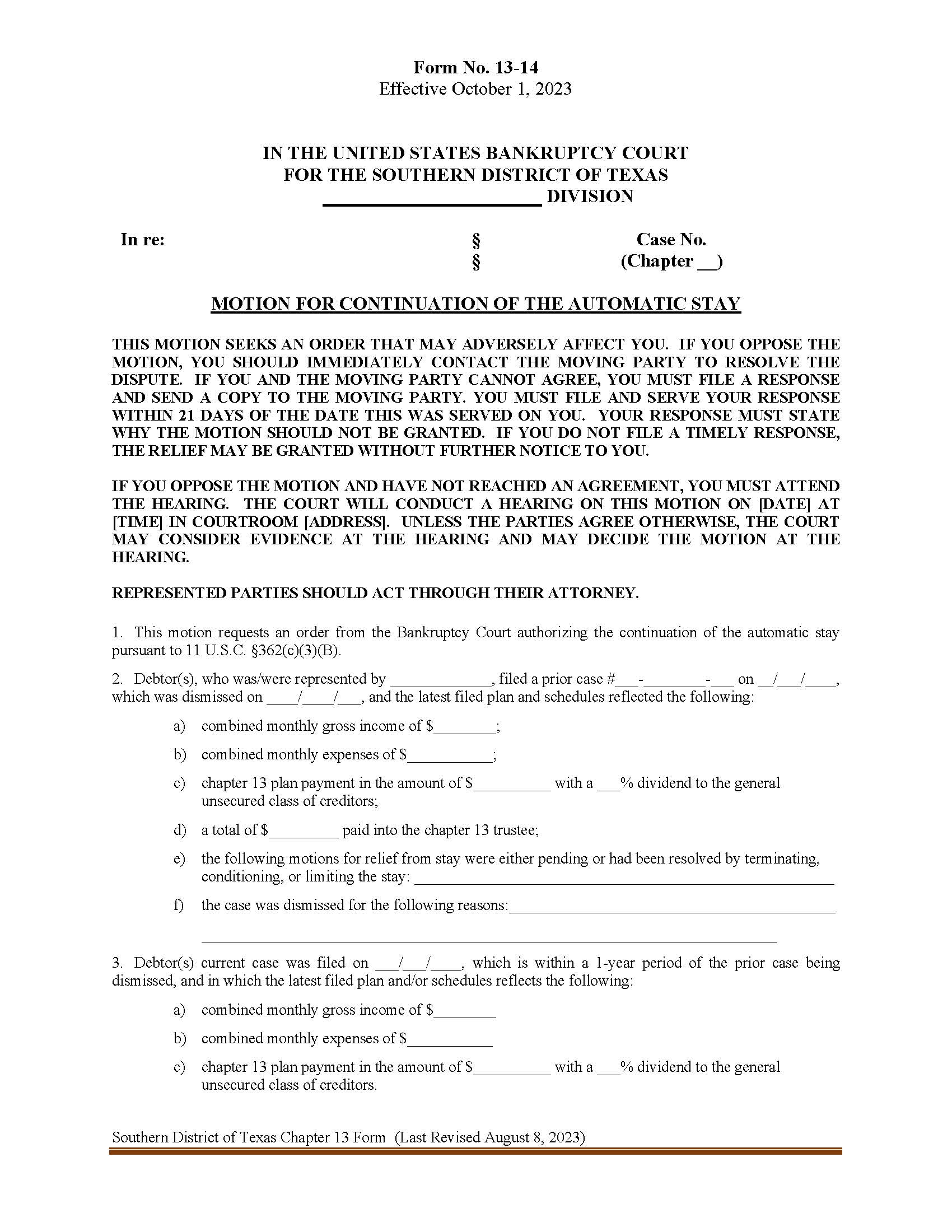 Motion For Continuance Of The Automatic Stay {13-14} | Pdf Fpdf Doc Docx | Texas